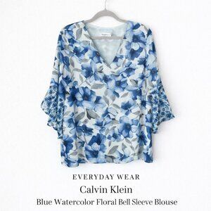 Calvin Klein Blue Watercolor Floral Sheer Bell Sleeve V-Neck Top L
